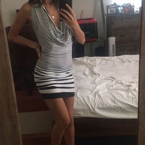 Bebe b/w striped cowl neck backless dress
